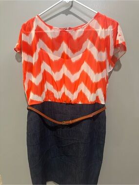 dressbarn Orange and White Chevron Blouse Top